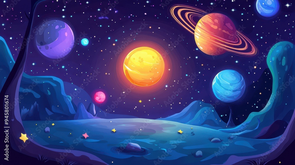 Cartoon Night Sky with Planets, Stars and Galaxy Landscape. Cartoon Night Sky with Planets, Stars and Galaxy Landscape.