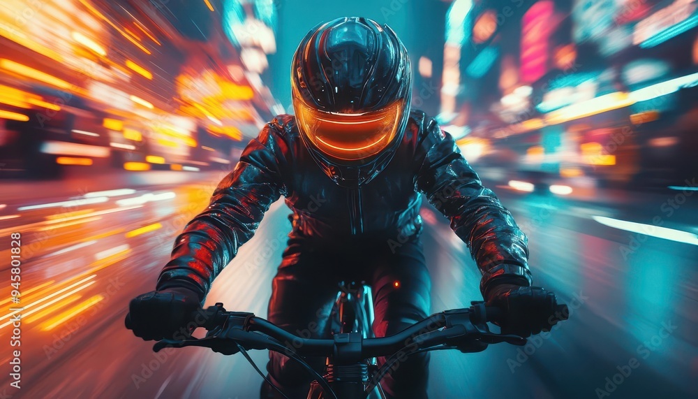 Cyclist with a helmet, riding through a neon-lit futuristic city, cyberpunk style, high detail, dynamic Cyclist with a helmet, riding through a neon-lit futuristic city, cyberpunk style, high detail, dynamic