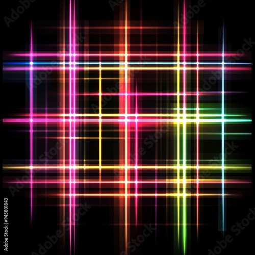 Overlapping fluorescent lines forming a simple grid pattern, each line glowing in a different bright color, set against a black background, vector art.