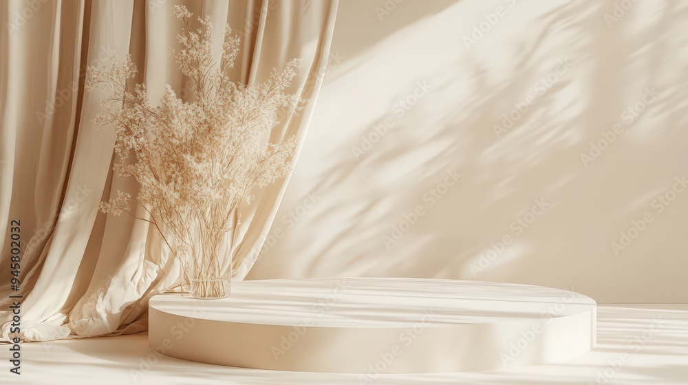 Minimal abstract beige background with a round podium and wave satin curtain, designed for natural cosmetics presentation. 3D rendering Minimal abstract beige background with a round podium and wave satin curtain, designed for natural cosmetics presentation. 3D rendering