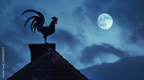 A silhouette of a rooster on a rooftop chimney is set against a mesmerizing full moon in a deep blue night sky adorned with scattered clouds. photo