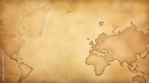 Sepia World Map With Detailed Coastlines And Artistic Sunburst Pattern Featuring Old Style Layout