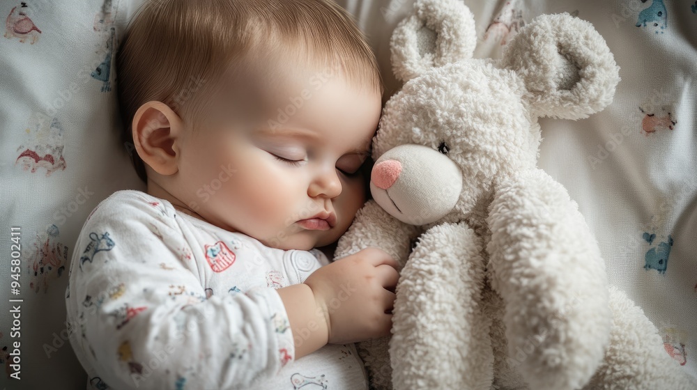 A baby sleeping with a stuffed animal, their faces pressed together, A baby sleeping with a stuffed animal, their faces pressed together,