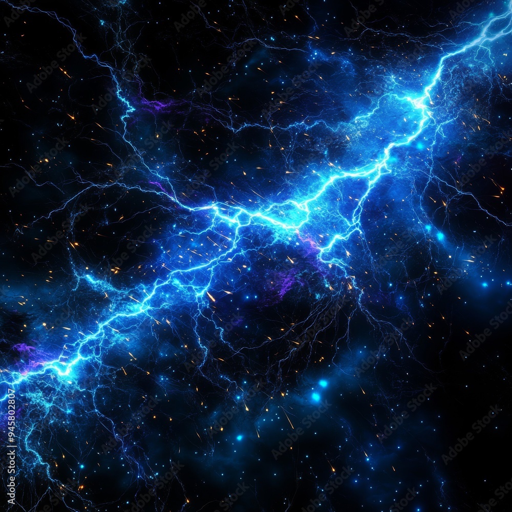 Electric blue lightning bolts striking across a black background, sharp and vivid, surrounded by glowing, colorful sparks, dynamic, digital art. Electric blue lightning bolts striking across a black background, sharp and vivid, surrounded by glowing, colorful sparks, dynamic, digital art.