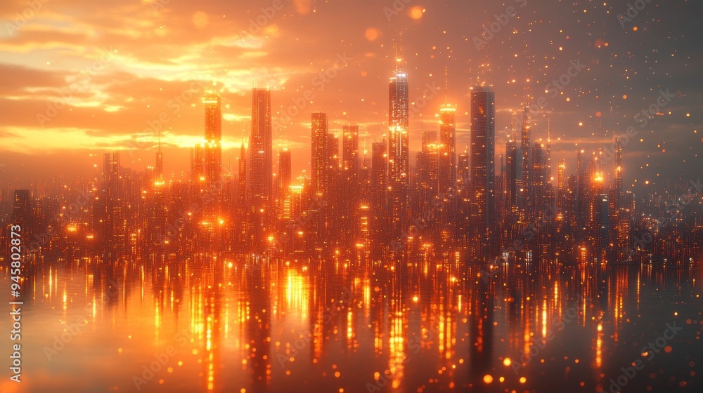 Cityscape at Sunset with Water Reflection Cityscape at Sunset with Water Reflection
