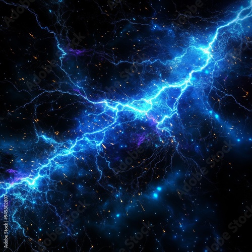 Electric blue lightning bolts striking across a black background, sharp and vivid, surrounded by glowing, colorful sparks, dynamic, digital art.
