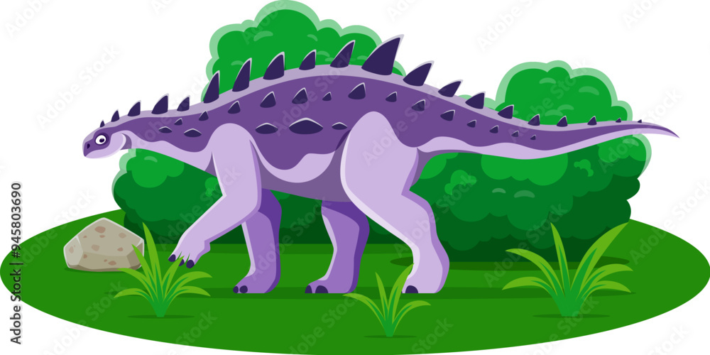 Fototapeta premium Struthiosaurus prehistoric dinosaur character. Isolated cartoon vector genus of ankylosaurian dinos from the late cretaceous period. Ancient herbivore reptile animal with armored body among foliage