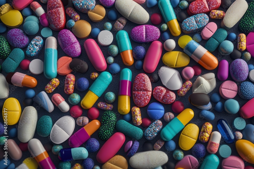 A close-up of numerous pills and capsules in vibrant colors A close-up of numerous pills and capsules in vibrant colors