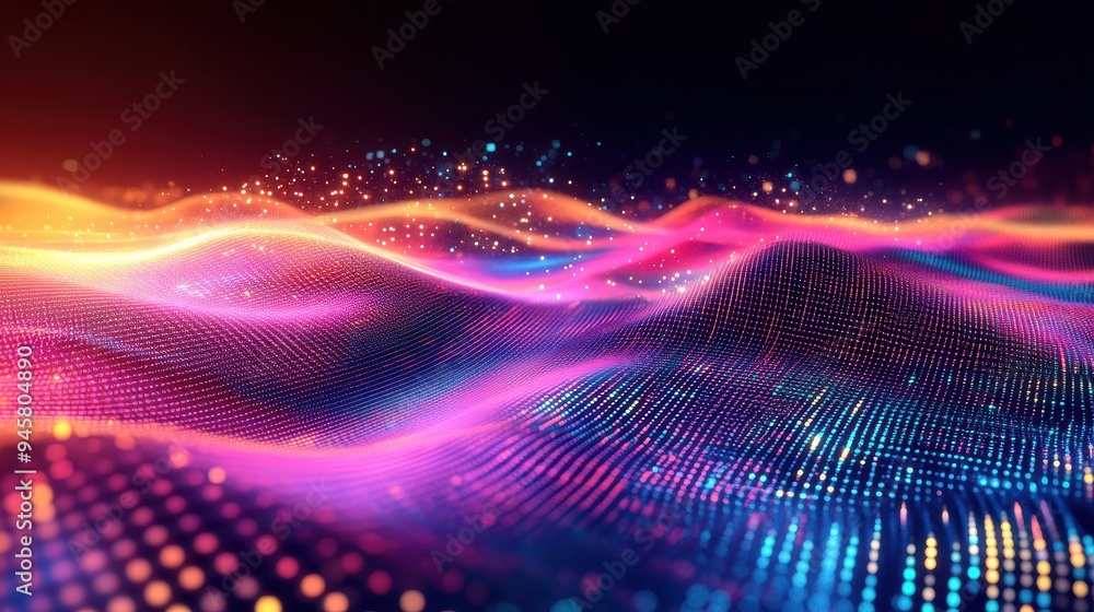Abstract Wavy Digital Grid with Neon Lights and Bokeh - Futuristic Technology Background Abstract Wavy Digital Grid with Neon Lights and Bokeh - Futuristic Technology Background