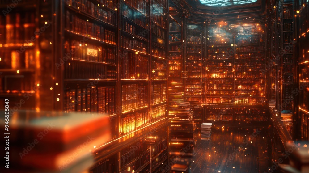 Librarian with books, in a futuristic library with holographic archives, warm tones, high detail, photo-realistic Librarian with books, in a futuristic library with holographic archives, warm tones, high detail, photo-realistic