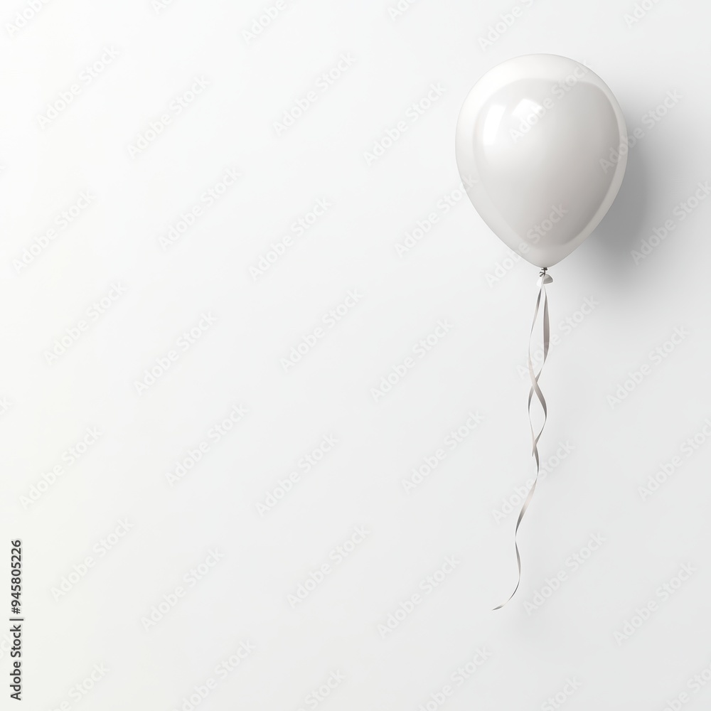 Single White Balloon with Silver Ribbon on White Background. Single White Balloon with Silver Ribbon on White Background.