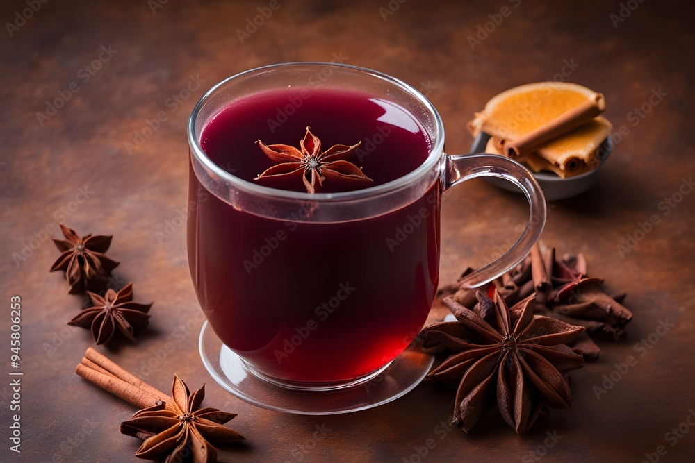 A warm mug of spiced hibiscus tea with cloves cinnamon and star anise garnishing the rim, Ai Generated A warm mug of spiced hibiscus tea with cloves cinnamon and star anise garnishing the rim, Ai Generated