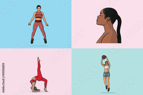 Sporty young woman doing yoga and fitness exercises vector illustration. Sports yoga icon concept. Healthy lifestyle fitness activity.
