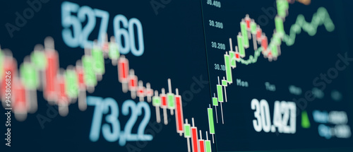 Slective focus, close-up chart, graph, data on the stock market and exchange screen. Market research, business, financial figures, analyzing, investment. 3D illustration photo