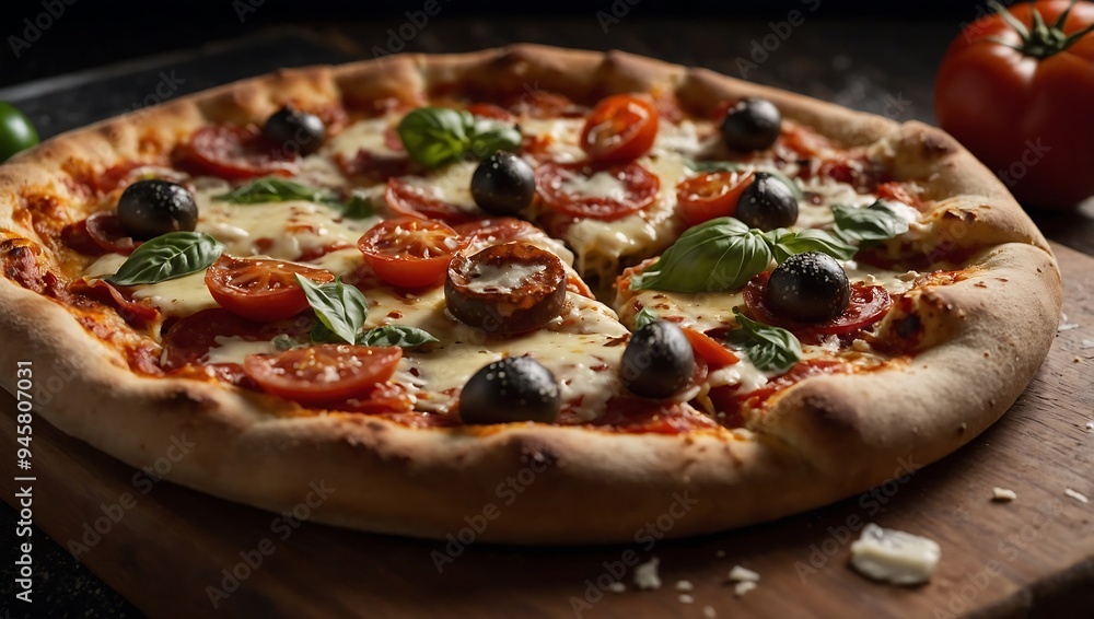 Delicious pizza served on a wooden board, showcasing Italian cuisine with cheese, tomato, and pepperonie Delicious pizza served on a wooden board, showcasing Italian cuisine with cheese, tomato, and pepperonie