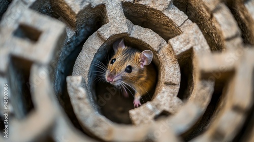 Macro shot of a cute mouse inside a mini maze photo