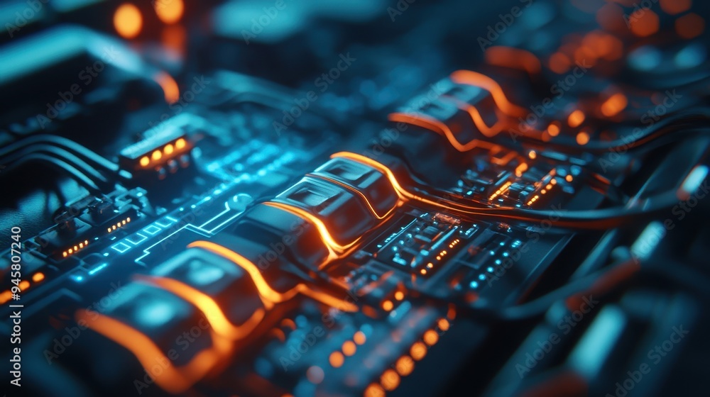 Fototapeta premium Abstract Futuristic Circuit Board with Glowing Orange and Blue Lights - 3D Render.