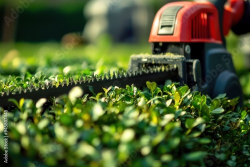 A close-up shot of a hedge being trimmed with a hedge trimmer