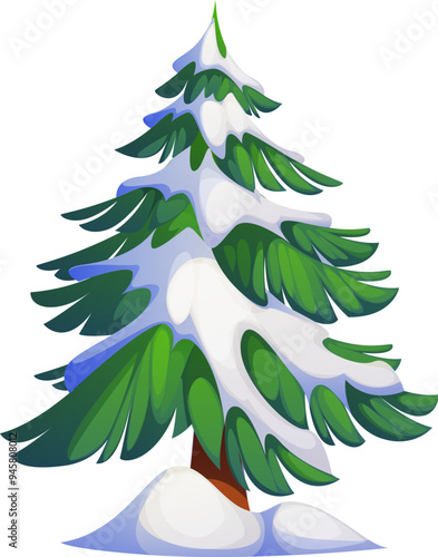 Cartoon Christmas holiday pine tree covered in snow. Vector fir-tree has lush green branches with a generous layer of white snow, festive forest spruce plant evokes a cozy xmas holiday atmosphere