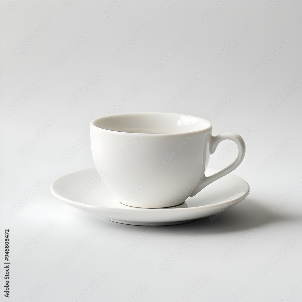 Single White Ceramic Coffee Cup with Saucer on Plain White Background Single White Ceramic Coffee Cup with Saucer on Plain White Background