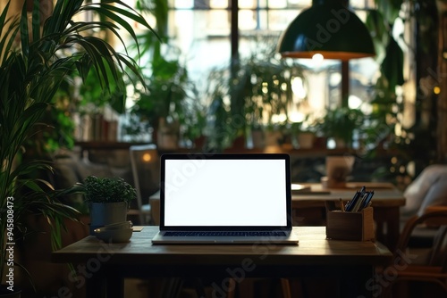 Wallpaper Mural A close-up shot of a person using a blank white screen laptop in a cozy well lit cafe Torontodigital.ca