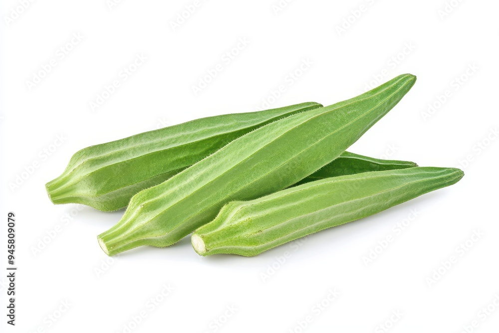 Three green okra pods on a white background, showcasing fresh vegetables. Three green okra pods on a white background, showcasing fresh vegetables.