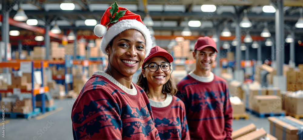 employees representing diversity dressed for Christmas with sweater and Christmas hat in a logistics warehouse employees representing diversity dressed for Christmas with sweater and Christmas hat in a logistics warehouse