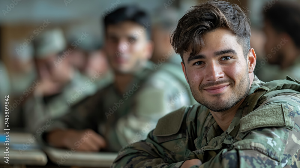 Fototapeta premium Smiling young soldier in uniform sitting among fellow servicemen, exuding camaraderie and confidence in a warm, relaxed setting.