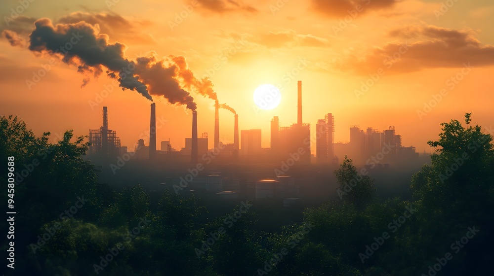 Naklejka premium Smoky Sunset Over Bustling Urban Skyline Highlighting Sustainability Challenges
