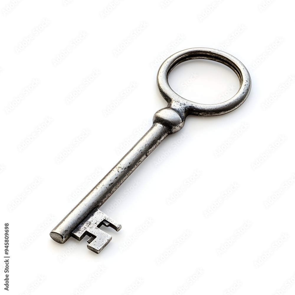 Solitary Silver Key on Plain White Background Solitary Silver Key on Plain White Background