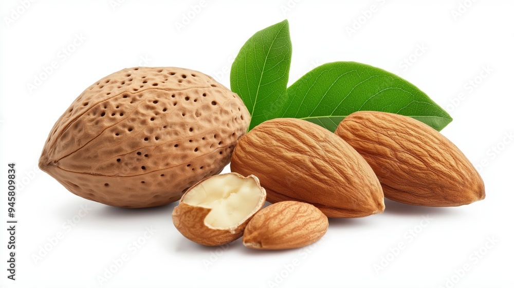 A collection of almonds, including a whole nut, shelled almonds, and green leaves. A collection of almonds, including a whole nut, shelled almonds, and green leaves.