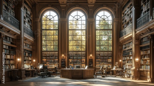 Grand Library with Sunlit Windows