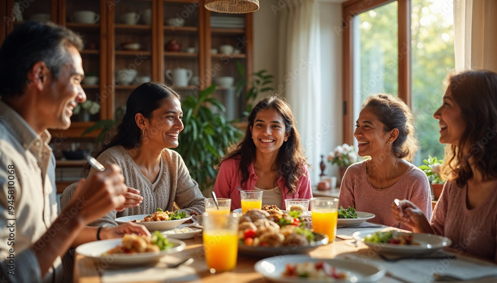 Happy multi-generation asian Indian family enjoying lunch together at home. Happy multi-generation asian Indian family enjoying lunch together at home.