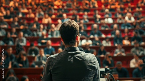 A man stands confidently, delivering a speech to a large, attentive crowd