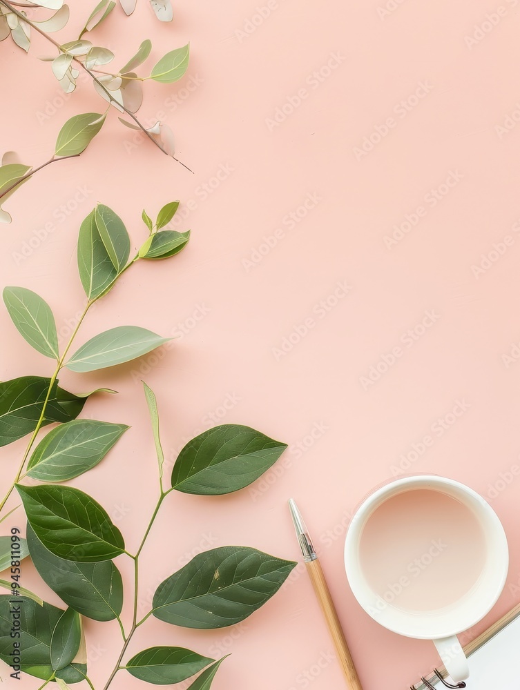 A serene flat lay featuring green leaves arranged on a pale pink background. A white cup of tea and a paintbrush add a touch of elegance, suggesting creativity and tranquility. The empty space allows A serene flat lay featuring green leaves arranged on a pale pink background. A white cup of tea and a paintbrush add a touch of elegance, suggesting creativity and tranquility. The empty space allows