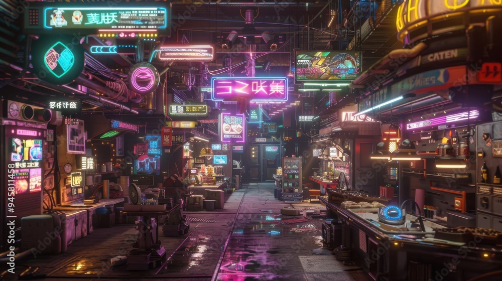 Obraz premium 3D cyberpunk Japanese street store