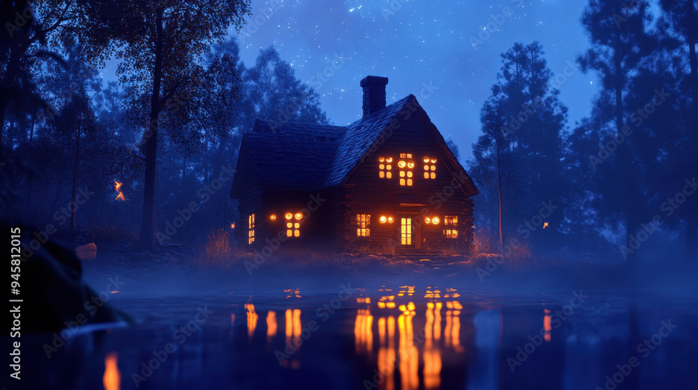 Enchanted rustic cabin illuminated at night by a serene lake surrounded by mist and trees under a starry sky Enchanted rustic cabin illuminated at night by a serene lake surrounded by mist and trees under a starry sky