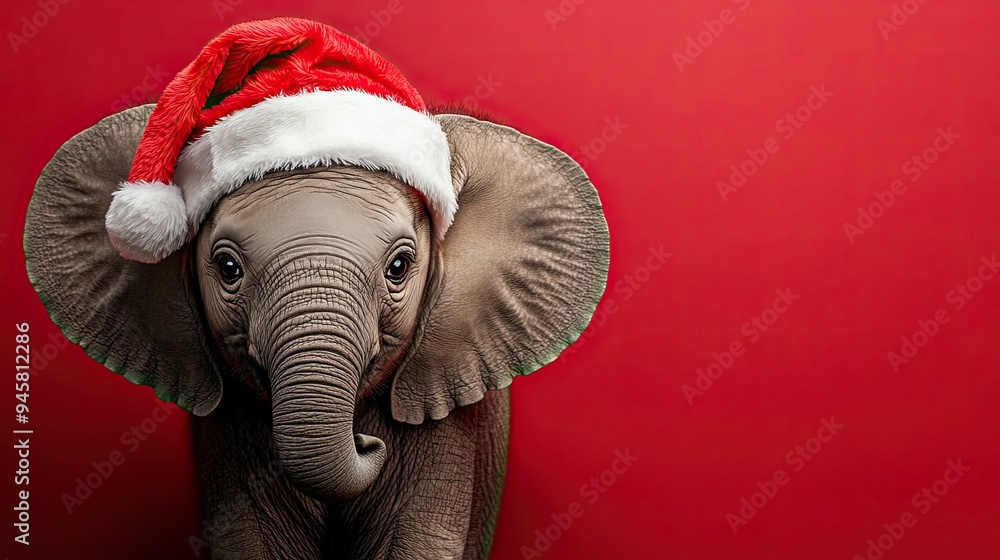 cute Elephant wearing Santa hat, standing against red background cute Elephant wearing Santa hat, standing against red background