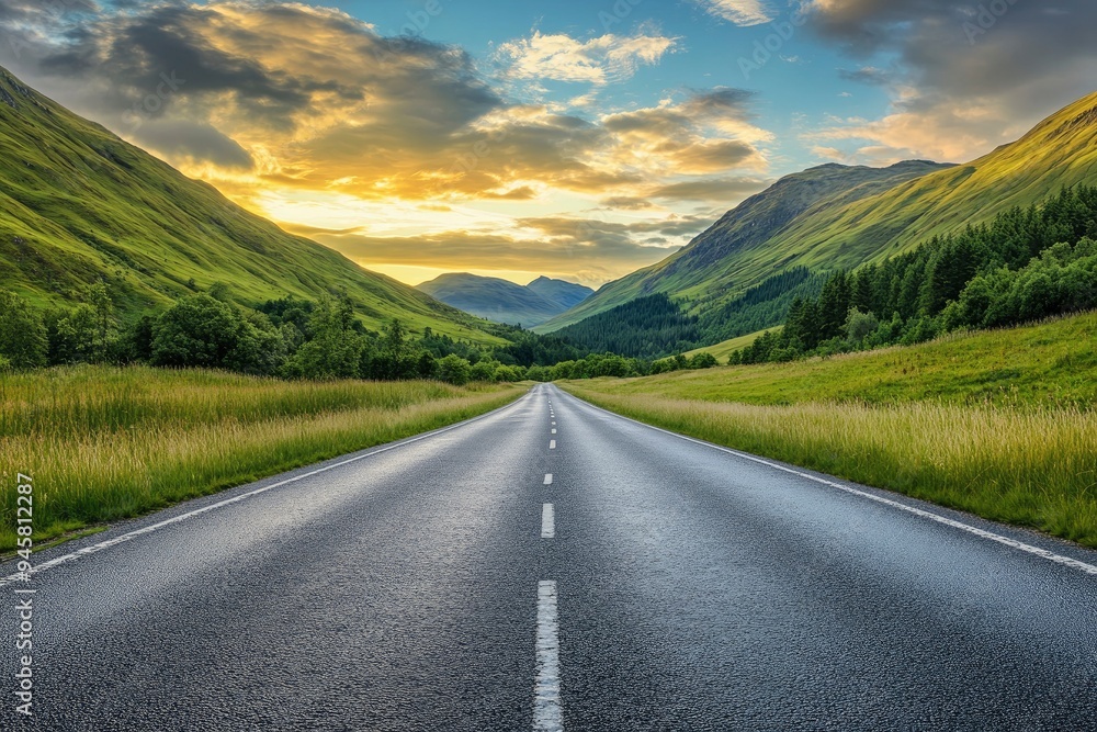 Asphalt highway road and green mountain with sky clouds at sunset , ai Asphalt highway road and green mountain with sky clouds at sunset , ai