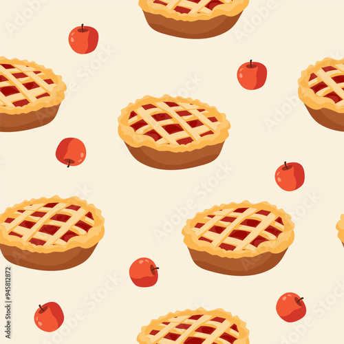 Apple pie pattern background. Sweet and tasty baked fruit pie from red apples seamless pattern