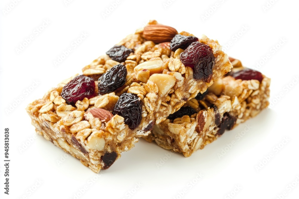 Two granola bars with nuts and dried fruits, ideal for a healthy snack. Two granola bars with nuts and dried fruits, ideal for a healthy snack.