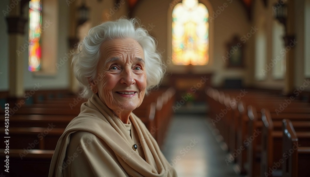 A sweet old lady in a softly lit church radiates kindness and serenity, dressed modestly with a warm smile. A sweet old lady in a softly lit church radiates kindness and serenity, dressed modestly with a warm smile.