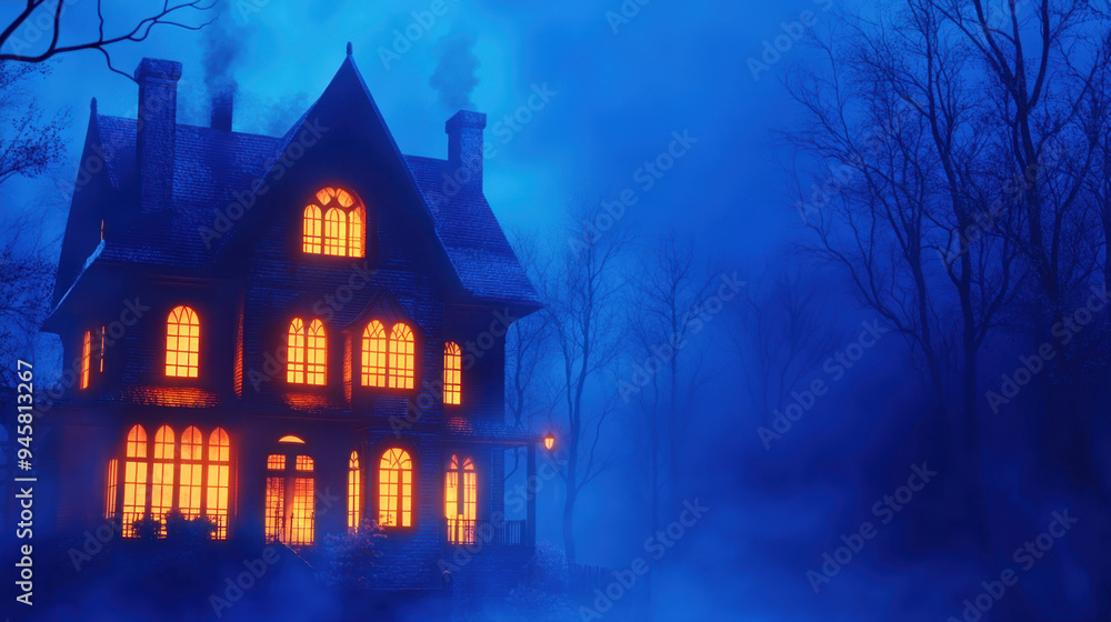 Spooky haunted house illuminated from within, surrounded by dark fog and skeletal trees under a blue night sky Spooky haunted house illuminated from within, surrounded by dark fog and skeletal trees under a blue night sky