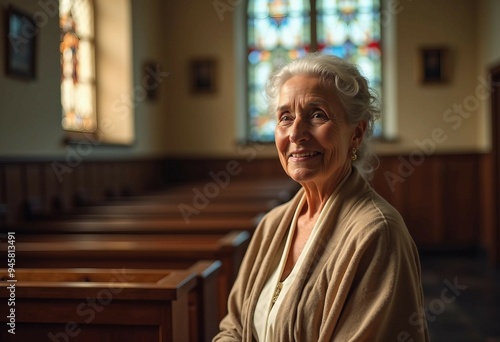 A sweet old lady in a softly lit church radiates kindness and serenity, dressed modestly with a warm smile. photo