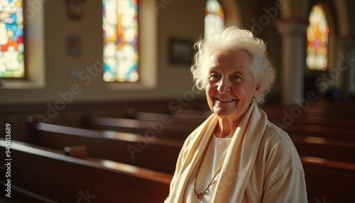 A sweet old lady in a softly lit church radiates kindness and serenity, dressed modestly with a warm smile. photo