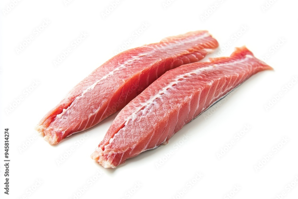Two raw fish fillets displayed on a white background. Two raw fish fillets displayed on a white background.
