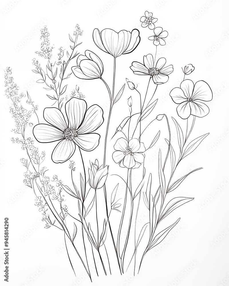 A detailed line drawing of various flowers and plants, showcasing botanical beauty. A detailed line drawing of various flowers and plants, showcasing botanical beauty.