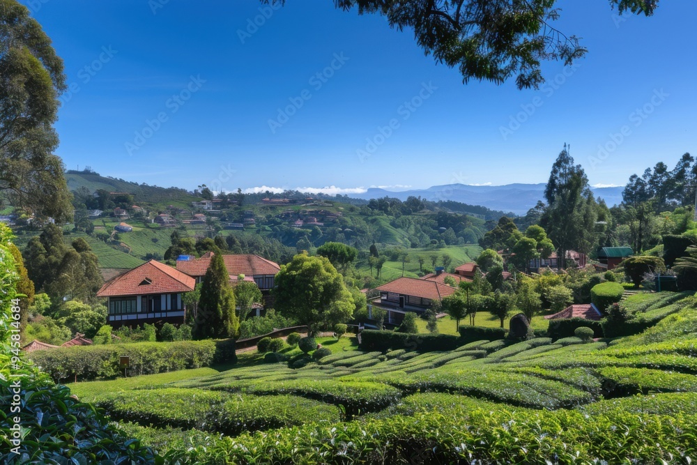 Alpine tea plantations with nearby villages Alpine tea plantations with nearby villages