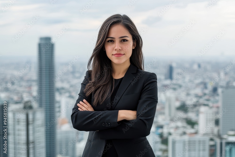 Latina Empowerment: A portrait of a confident Latina woman in professional attire, standing in front of a cityscape, symbolizing empowerment and success