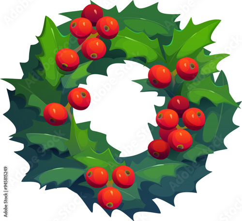 Cartoon Christmas holiday holly berry wreath, adorned with bright red holly berries and green leaves. Isolated vector festive xmas holiday decorations for seasonal greetings and decorating home